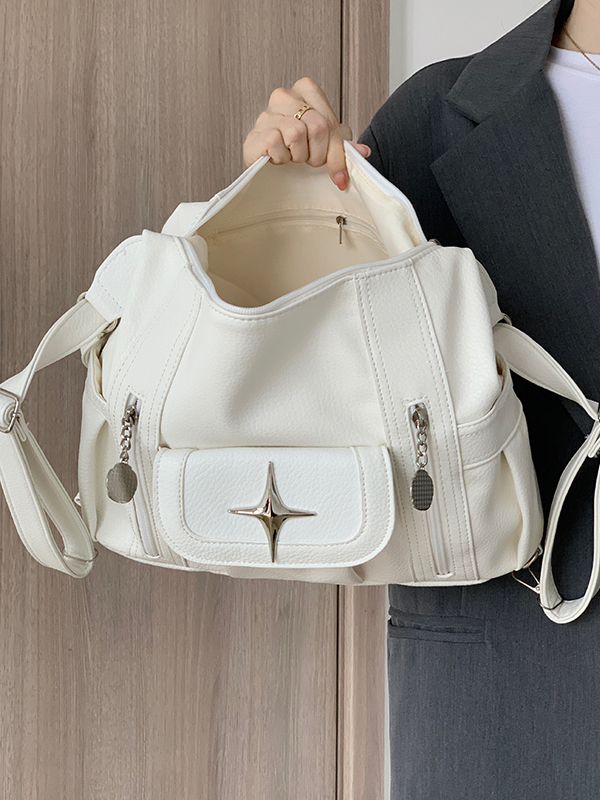 Leather Metal Star Decor Large Capacity Shoulder Bag-4