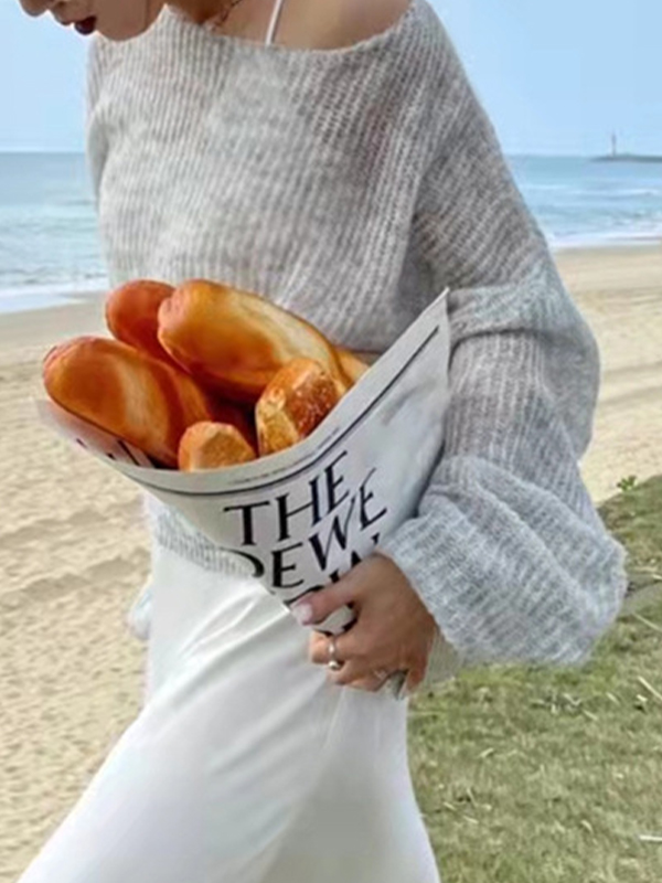 See Through Solid Loose Short Long Sleeve Knit-1