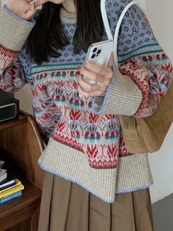 Vintage Jacquard Splice Knit Sweater-4