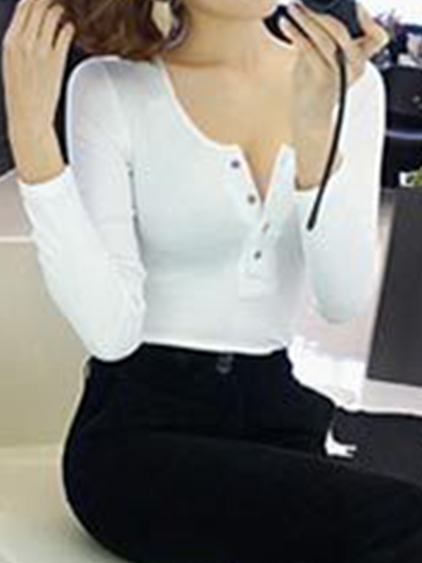Solid Ribbed Breasted Long Sleeve Tee-2