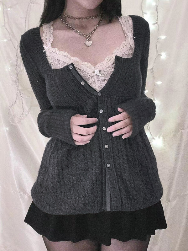 Solid Pointelle Square Neck Knit Cardigan-1