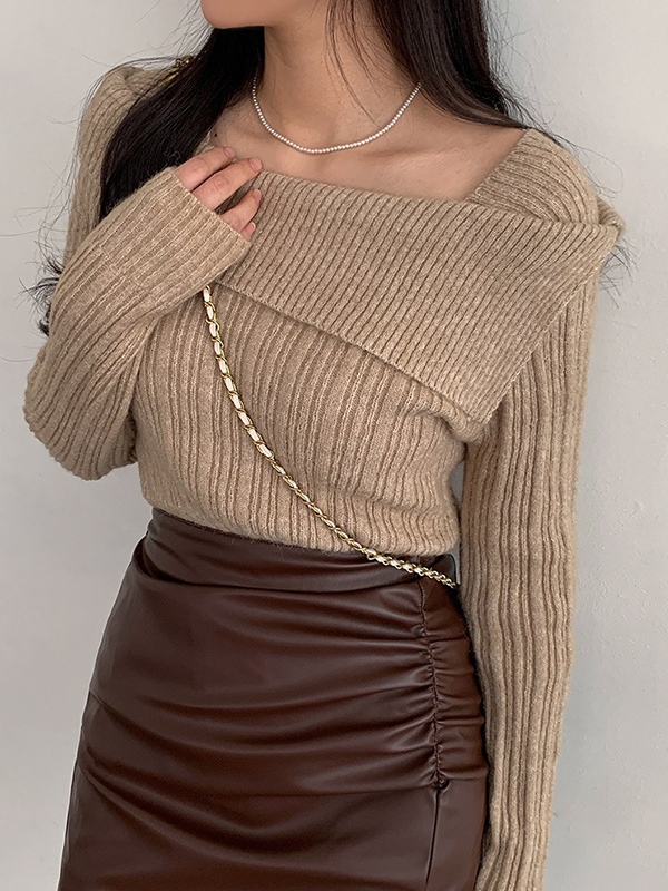 Solid Lapel Neck Slim Knit Sweater-1