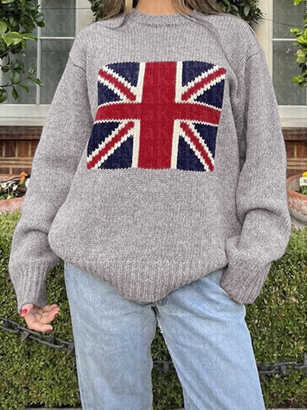Flag Jacquard Crew Neck Pullover Sweater-3