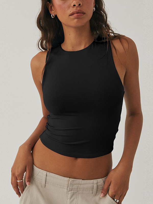 Solid Crew Neck Cropped Tank Top-1