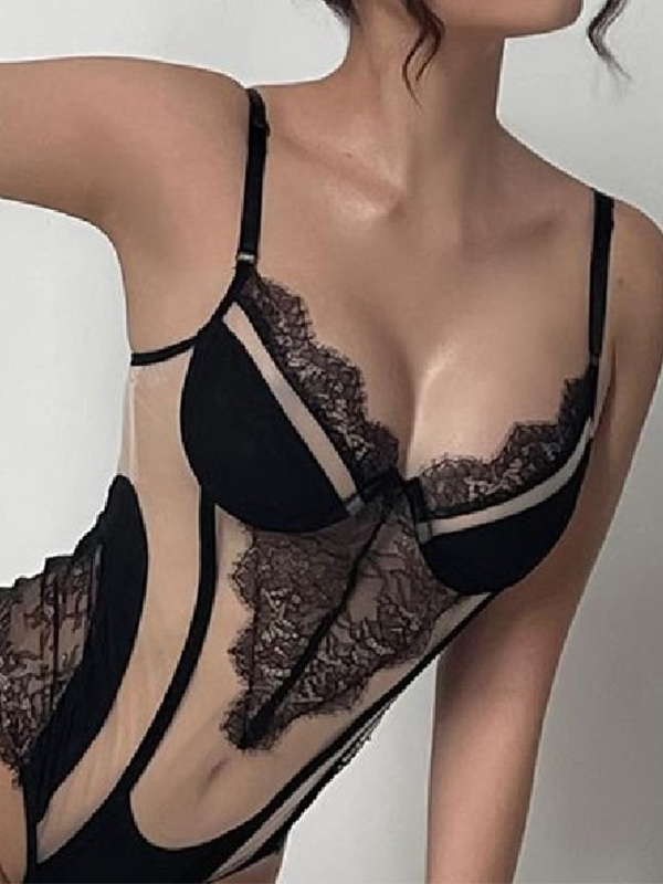 Mesh Lace Splice Cami Bodysuit-1