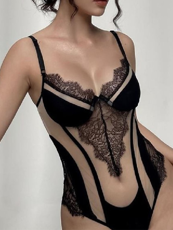 Mesh Lace Splice Cami Bodysuit-2