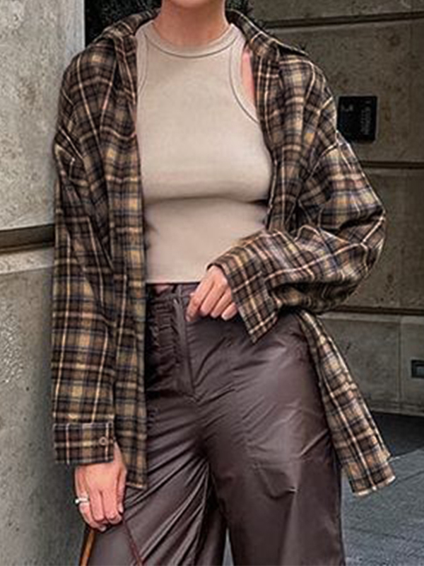 Vintage Plaid Print Long Sleeve Blouse-1