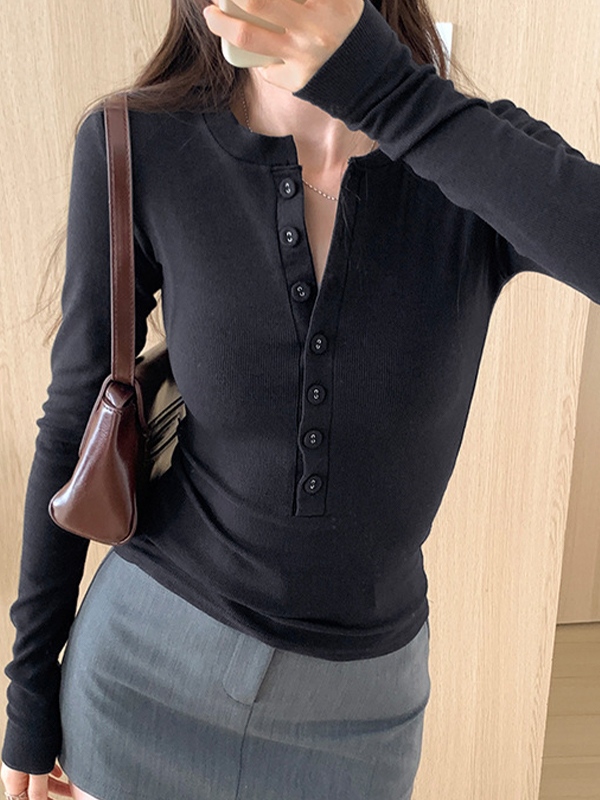 Solid Breasted Slim Long Sleeve Knit-2