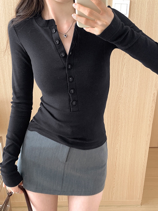 Solid Breasted Slim Long Sleeve Knit-1